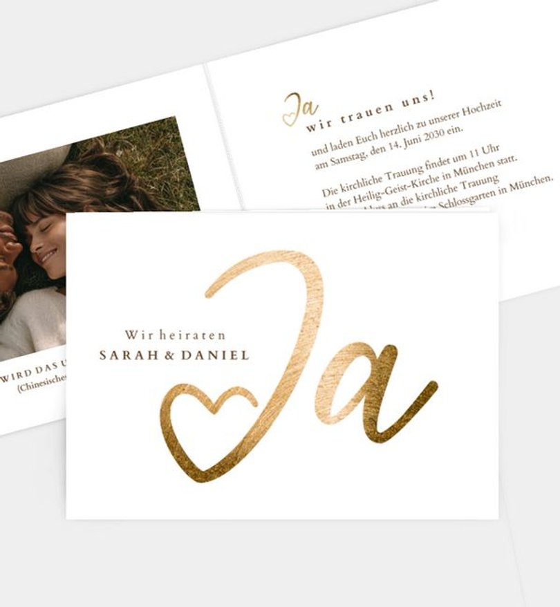Einladungskarte Hochzeit Ja · Mitten ins Herz