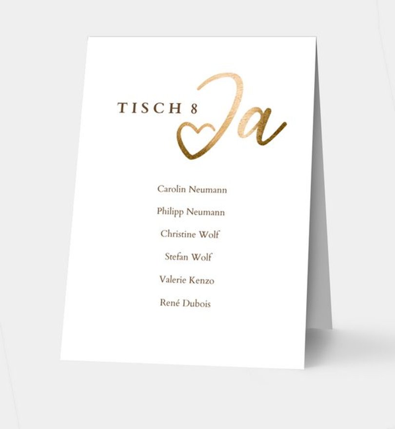 Gruppentischkarte Hochzeit Ja · Mitten ins Herz