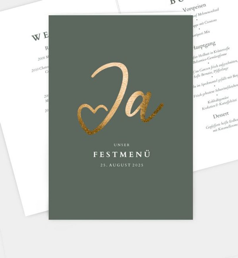 MenĂ¼karte Hochzeit Ja · Mitten ins Herz