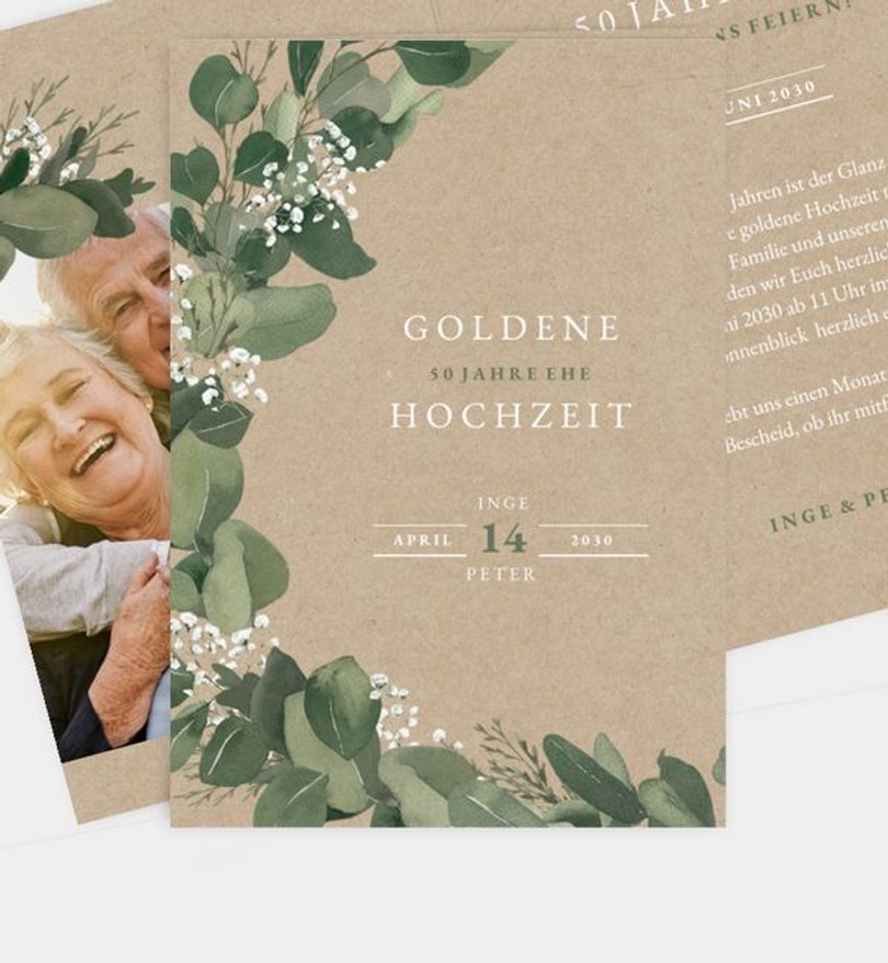 Einladungskarte Goldene-Hochzeit Eucalyptus Wreath