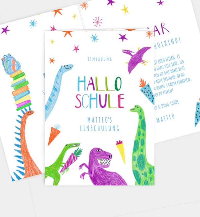 Einladungskarte Einschulung Dinos Schule