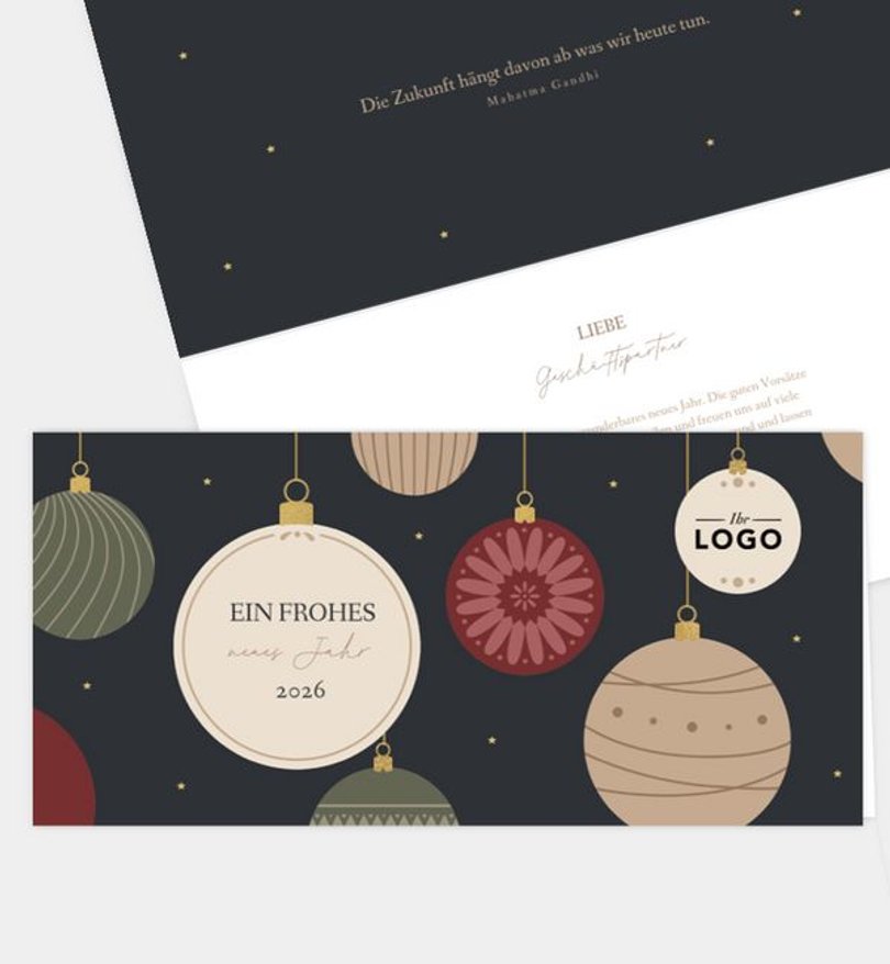 Neujahrskarte Geschรคftlich Christbaumkugeln