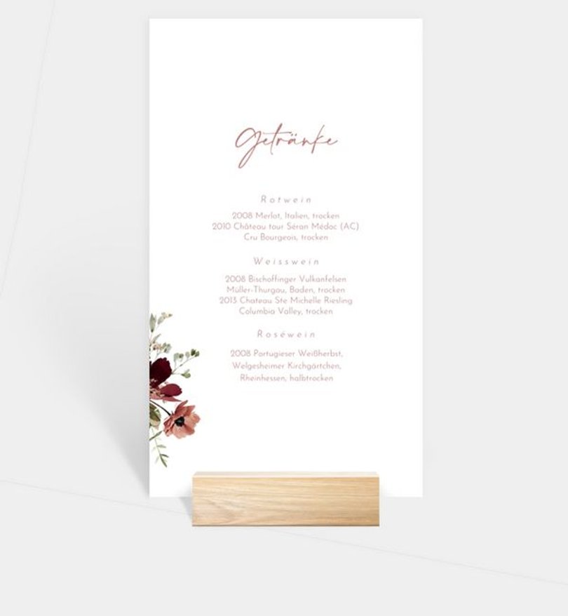 Getränkekarte Hochzeit Blumenstrauß