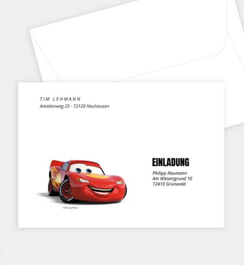 Briefumschlag Kindergeburtstag Cars · Vollgas