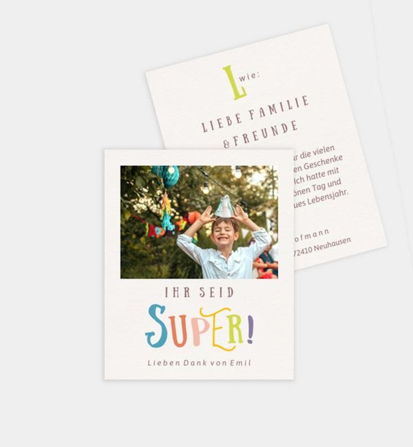 Dankeskarte Kindergeburtstag Bunte Buchstaben