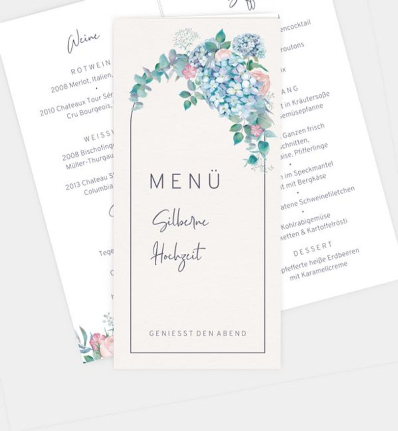 Menükarte Silberhochzeit Helles Bouquet · Vintage