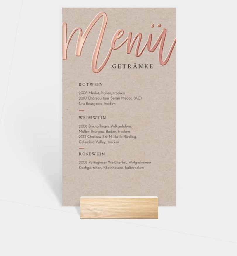 Getränkekarte Hochzeit Rosegold · Crafty