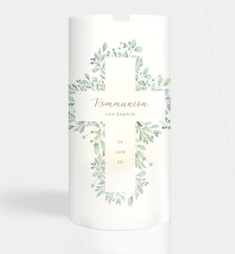 Windlichtkarte Kommunion Greenery Cross