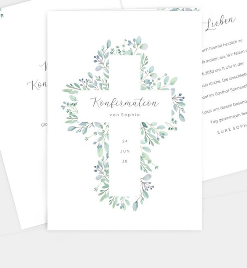 Einladungskarte Konfirmation Greenery Cross