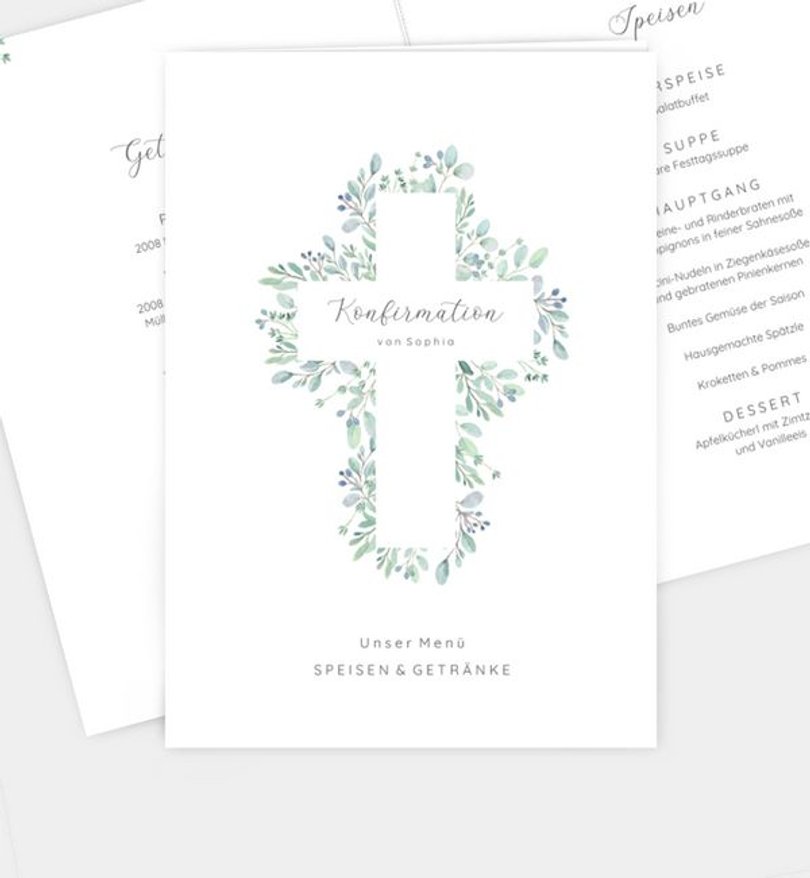 Menükarte Konfirmation Greenery Cross