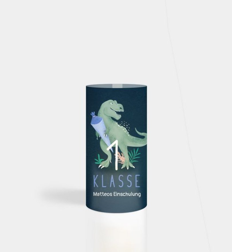 Windlichtkarte Einschulung Tyrannosaurus
